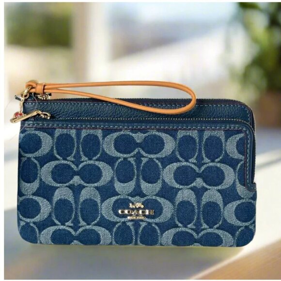 Coach CZ321 Double Zip Phone Wallet Blue Signature Denim Leather Wristlet Clutch - Picture 1 of 11